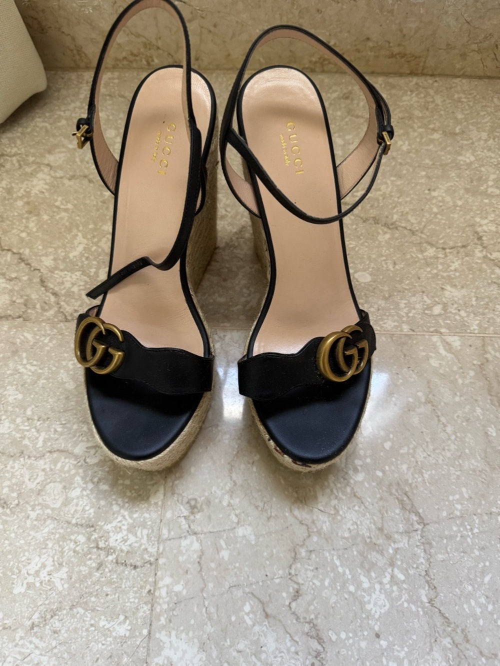 Gucci Black Leather Espadrille Wedge Sandals with Gold GG
